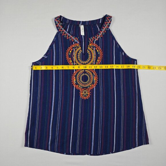 L Love Boho Embroidered Tank Top Size M Navy V-Neck Striped Sleeveless Festival - Picture 9 of 13